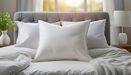 Grey bed with white pillows in a bedroom or hotel room, white blankets and comforter 