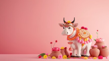 Naklejka premium Decorated Ox with Pots and Flowers for Pongal Festival on Pink Background