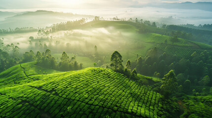 Fototapeta premium Aerial Perspective of Munnar’s Expansive, Rolling Tea Fields in Kerala