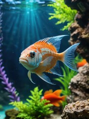 Fototapeta premium Orange and Blue Cichlid Fish in Aquarium.