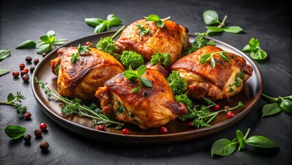 Fototapeta premium Four Roasted Chicken Thighs With Crispy Skin On A Wooden Plate With Fresh Herbs And Spices.