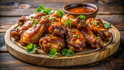 Fototapeta premium A Delicious Plate Of Chicken Wings With A Spicy Sauce, Garnished With Parsley.