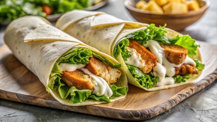 Freshly prepared, golden-brown, crispy chicken wrap with crunchy romaine lettuce, creamy caesar dressing, and shaved parmesan cheese on a marble plate.