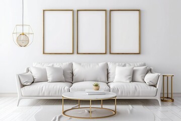 Modern Living Room Interior with White Sofa and Gold Frame Poster Mockup Set of three
