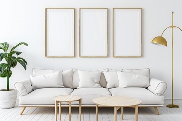 Modern Living Room with White Sofa and Gold set of three Frame Poster Mockup Set on White Wall