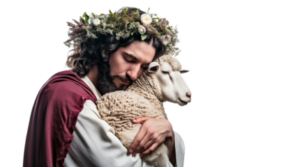 A man in a red robe is holding a white sheep