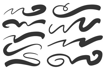 Swoosh vector underlines. Swish and swash swirl lines. Squiggle hand drawn calligraphic stroke. Doodle decorative paint wavy flourish on white background.