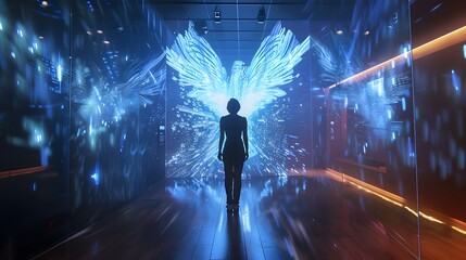 A digital art gallery with interactive exhibits and holograms.