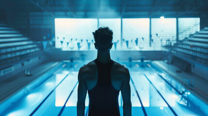 Back view of a diving sport athlete on diving tower ready to jump into olympics swimming pool