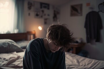 Obraz premium Sad teen guy with his head down, sitting on the bed in his room