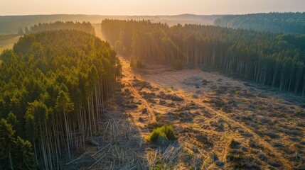 Aerial view of a forest clearing with sunlight streaming through the trees.  The contrast between the lush trees and the cleared land is stark.