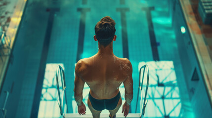 Back view of a diving sport athlete on diving tower ready to jump into olympics swimming pool
