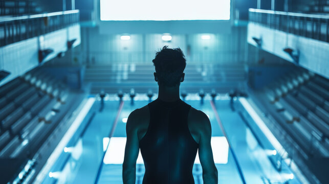 Back view of a diving sport athlete on diving tower ready to jump into olympics swimming pool