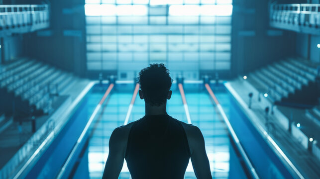 Back view of a diving sport athlete on diving tower ready to jump into olympics swimming pool
