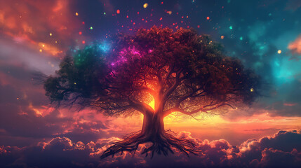 A beautiful tree of life with vibrant colors, roots at the bottom and branches reaching out to form clouds in the style of fantasy, digital art with glowing highlights against a dark background