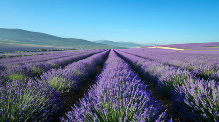 Obraz premium Lavender Fields Bursting with Blooms in Perfect Rows, Casting a Radiant Purple Glow Across the Landscape