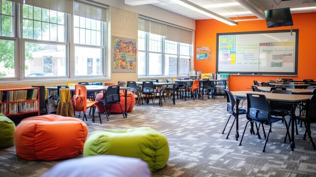 Classroom with flexible seating arrangements to accommodate different learning styles