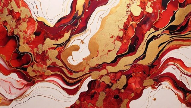 Red and gold pattern with texture of geode and sparkles. Abstract vector background in alcohol ink technique. Modern paint with glitter. Template for banner, poster design. Fluid art painting