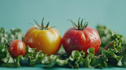 Tomatoes on top of a green leafy vegetable. The tomatoes are red and yellow, and they are surrounded by the green leaves. Concept of freshness and abundance, as the tomatoes are ripe