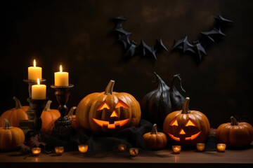 Fototapeta premium generated illustration scary pumpkins ,candle and bats