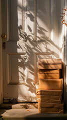 Neatly Stacked Subscription Boxes at the Doorstep, Illustrating Accurate and Speedy Home Delivery by Couriers