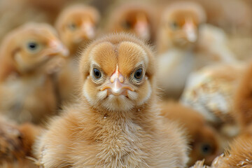 Numerous small chickens on a farm