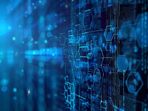 a blue background with hexagons and dots