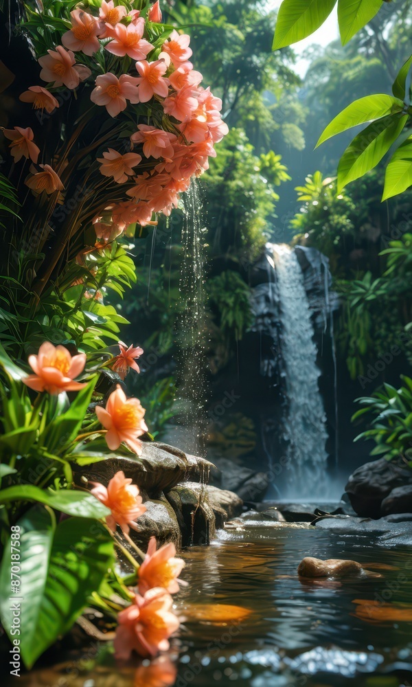 Poster waterfall and flowers in a lush tropical jungle.