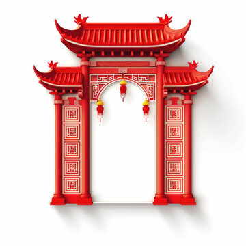 generated illustration Chinese gate at the entrance with red chinese lantern against white
