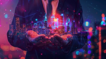 Holding the City in His Hands: A Vision of Urban Progress suitable for business background, posters, wallpapers, banners, greeting cards, and advertising for business entities or brands.