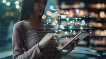Woman Shopping Online with Digital Interface suitable for business background, posters, wallpapers, banners, greeting cards, and advertising for business entities or brands.