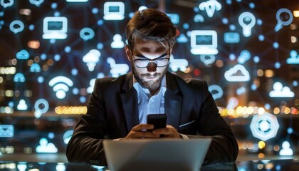 Man Using Smartphone in a Digital World suitable for business background, posters, wallpapers, banners, greeting cards, and advertising for business entities or brands.