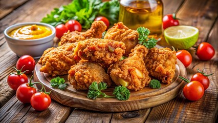 Fototapeta premium Crisp golden fried chicken pieces arranged appetizingly on a wooden table, surrounded by vibrant colors and tantalizing garnishes.