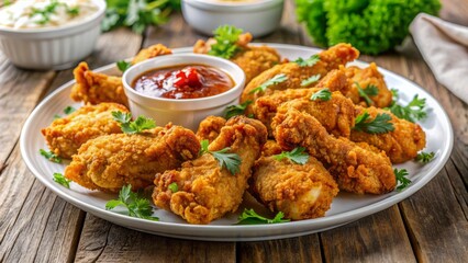 Crispy Fried Chicken Wings With Parsley And Hot Sauce On A White Plate.