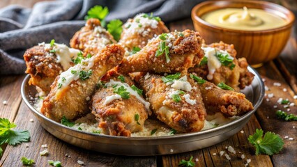 Fototapeta premium Crispy fried chicken wings smothered in a decadent creamy garlic parmesan sauce, topped with a generous sprinkling of grated parmesan cheese.