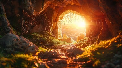Empty tomb of Jesus, entrance open, glowing light inside.