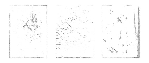 Stippled rough grunge collection. Aged pixelated texture paper overlay set. Dotted scratched crumpled background. Dirt grainy distressed backdrop for poster, vinyl cover, frame, banner. Vector pack