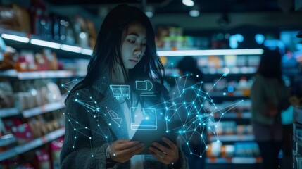 Woman Using Tablet in Supermarket with Digital Overlays suitable for business background, posters, wallpapers, banners, greeting cards, and advertising for business entities or brands.