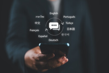 Translator app and languages education concept. Person use mobile smartphone with with translator...
