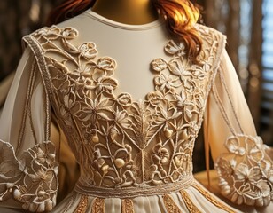 Obraz premium A detailed shot of intricate embroidery on a high-end couture dress