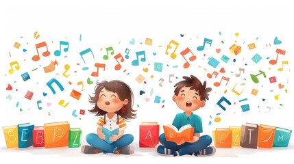 Fototapeta premium Illustration of two children Exchange ideas, talk, have fun