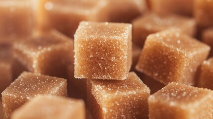 Close-up of brown sugar cubes, stacked with detailed texture, warm tones, softly blurred background, highlighting rich sweetness and detail