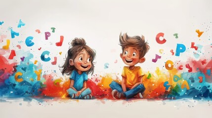 Illustration of two children Exchange ideas, talk, have fun