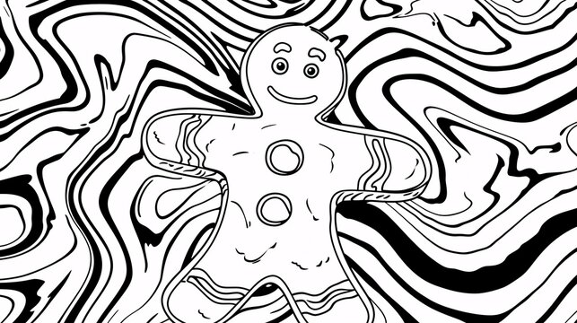 a black and white drawing of a gingerbread man