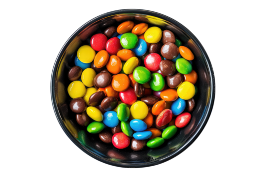 Colorful candies in a bowl isolated on transparent background