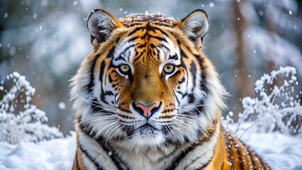 Close up portrait of Siberian tiger in winter snow