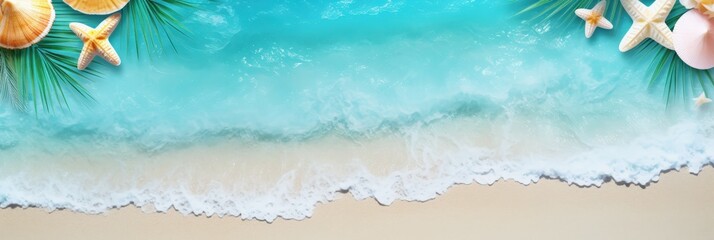 Fototapeta premium Tropical Beach with Seashells and Palm Leaves