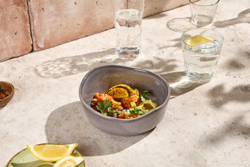 Salmon Tartare with Avocado in Sunlit Beige Aesthetic Setting