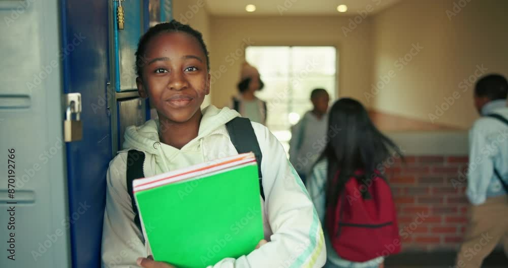Poster smile, school and portrait of girl at locker for education, growth and development at youth academy.