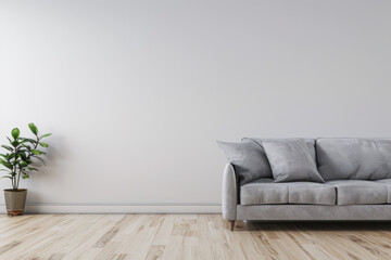 Minimalist living room interiors composition with a tv set, a sofa and a window providing natural lighting. Luxury Real Estate composition.